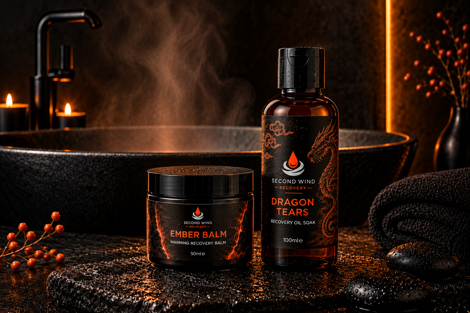 Dragon Tears recovery oil and Ember Balm beside a hot bath